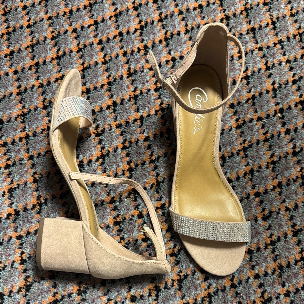 Candie's Beige Block Heel Sandals with Rhinestone Strap